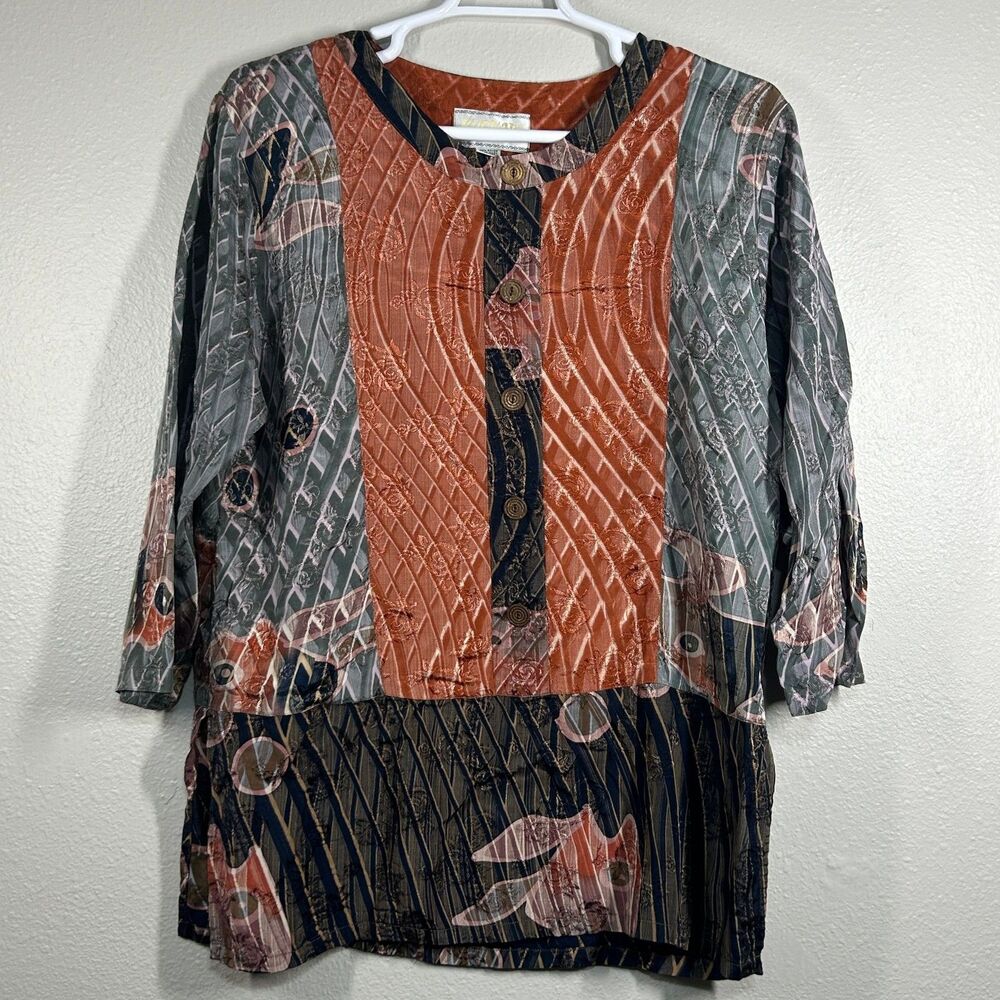 Womens Tunic Blouse L Rayon Hand Made Indonesia 3/4 Sleeve Patchwork Multicolor